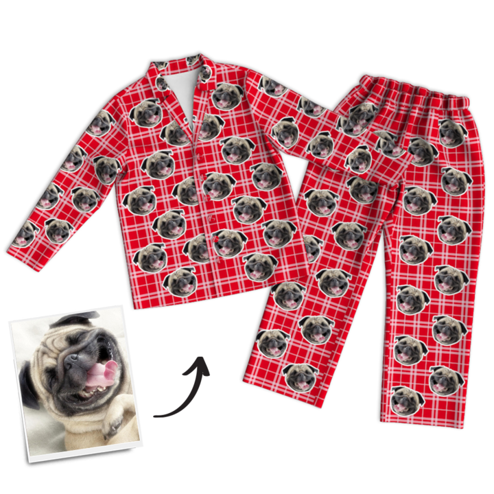 Red Plaid Custom Pet Photo Long Sleeve Pajamas, Nightwear - MyFaceBoxer