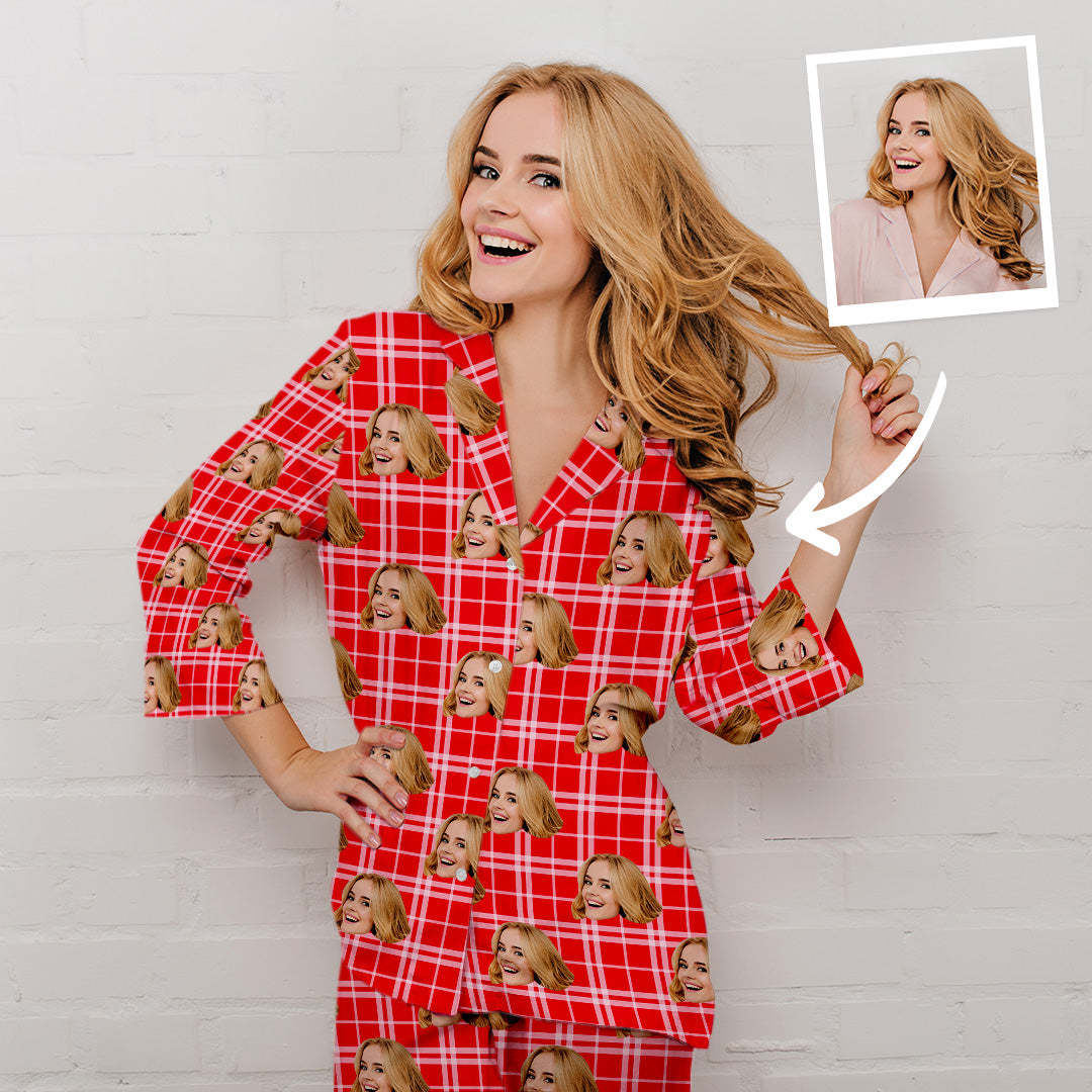 Red Plaid Custom Pet Photo Long Sleeve Pajamas, Nightwear - MyFaceBoxer