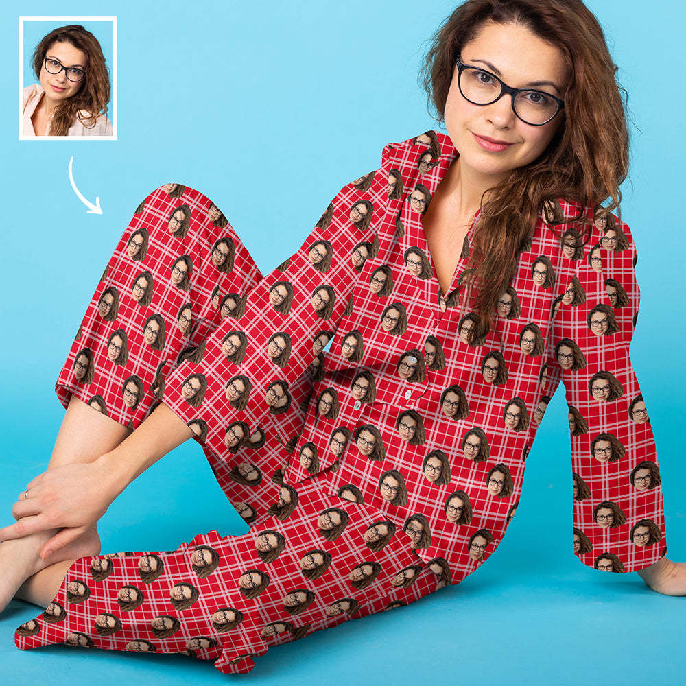 Red Plaid Custom Pet Photo Long Sleeve Pajamas, Nightwear - MyFaceBoxer