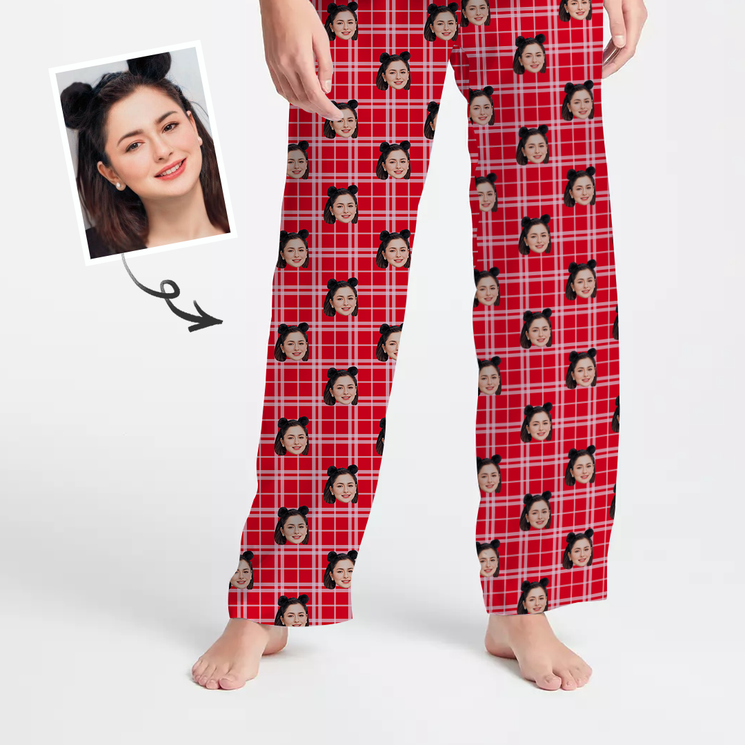 Red Plaid Custom Pet Photo Long Sleeve Pajamas, Nightwear - MyFaceBoxer