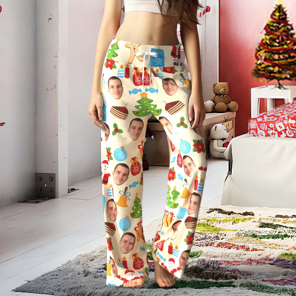 Custom Face Pants Ladie's Loose Wide-leg Pajama Pants Santa Claus and Gingerbread Man Merry Christmas - MyFaceBoxer