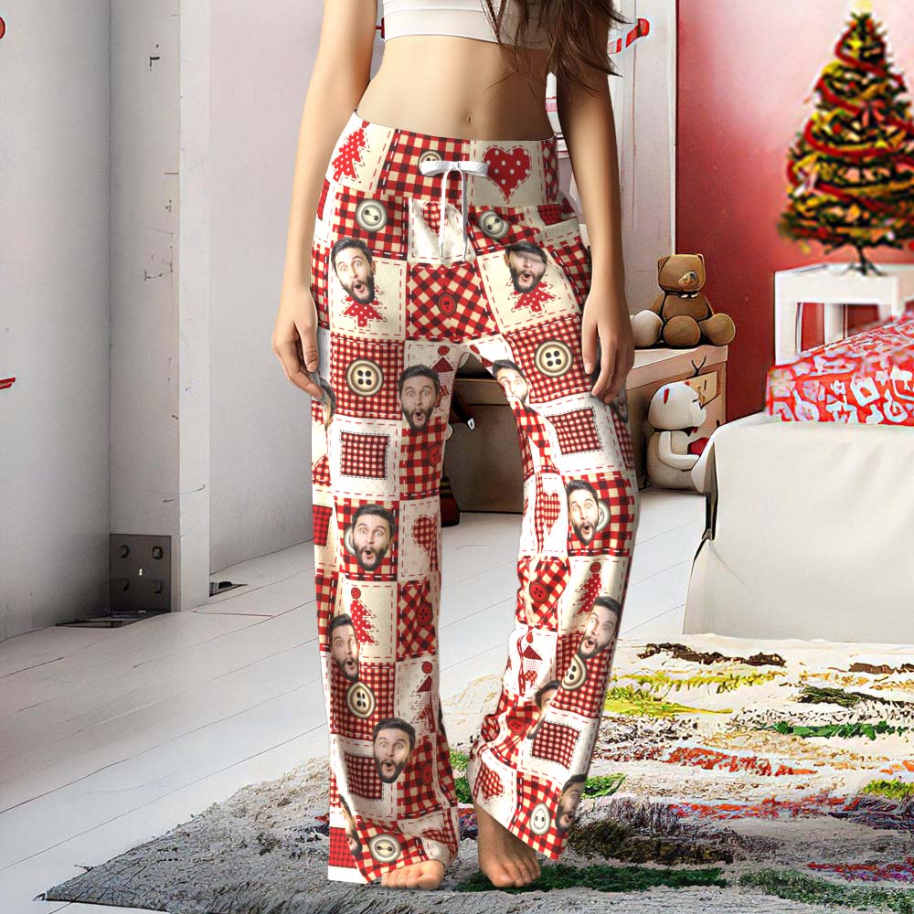 Custom Face Pants Ladie's Loose Wide-leg Pajama Pants Christmas Red Plaid Pajamas Merry Christmas - MyFaceBoxer