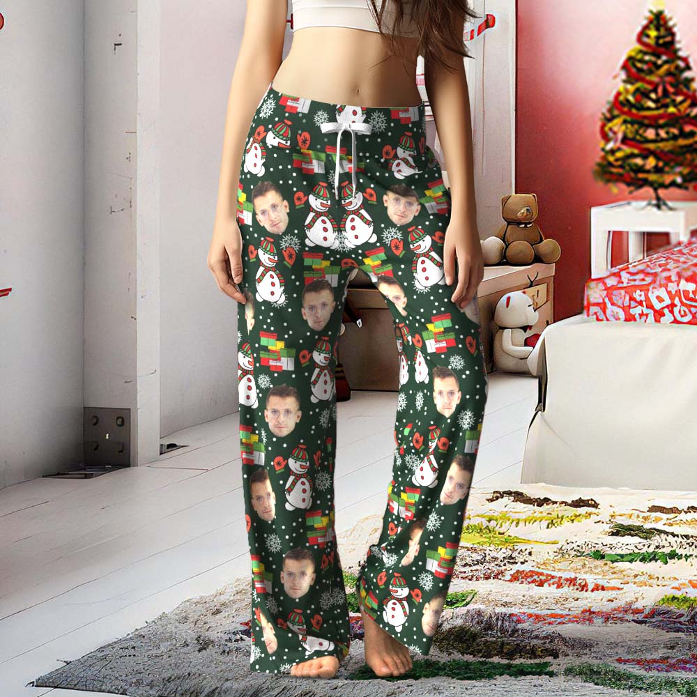 Custom Face Pants Ladie's Green Loose Wide-leg Pajama Pants Snowman Merry Christmas - MyFaceBoxer