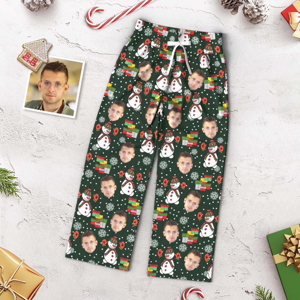 Custom Face Pants Ladie's Green Loose Wide-leg Pajama Pants Snowman Merry Christmas - MyFaceBoxer