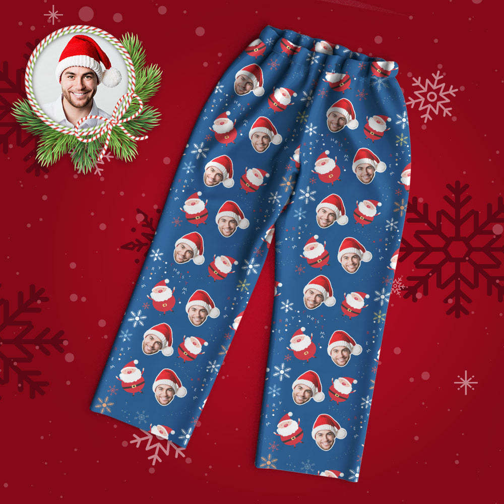 Custom Face Pajama Personalized Blue Photo Pajamas Cute Santa Claus Christmas Gifts for Family - MyFaceBoxer