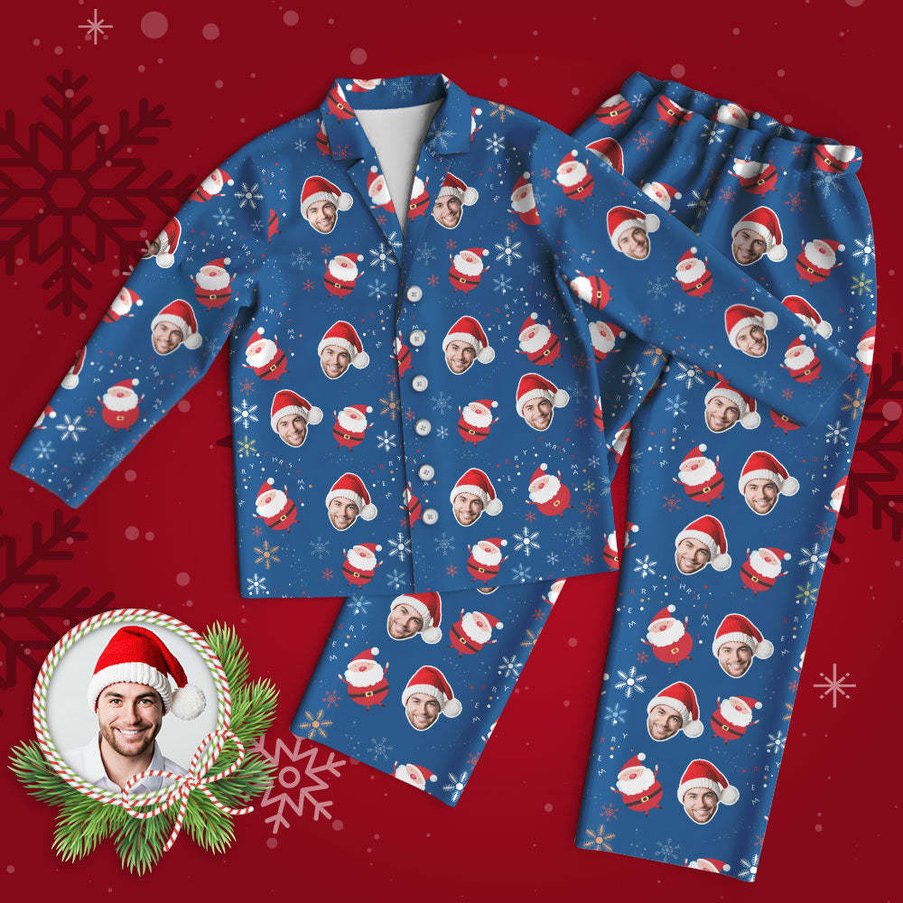 Custom Face Pajama Personalized Blue Photo Pajamas Cute Santa Claus Christmas Gifts for Family - MyFaceBoxer