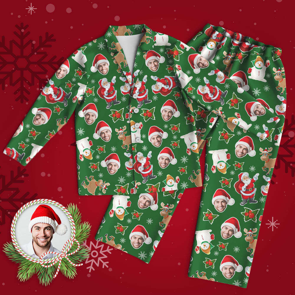 Custom Face Pajama Personalized Green Photo Pajamas Christmas Gifts for Family - MyFaceBoxer