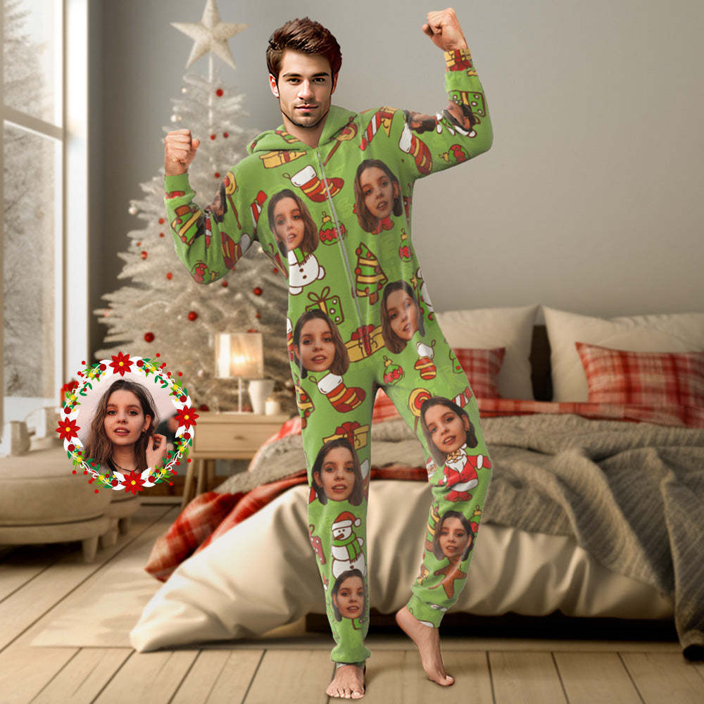 Custom Face Onesies Green Christmas Pajamas One-Piece Sleepwear Family Pyjamas Christmas Gift - MyFaceBoxer