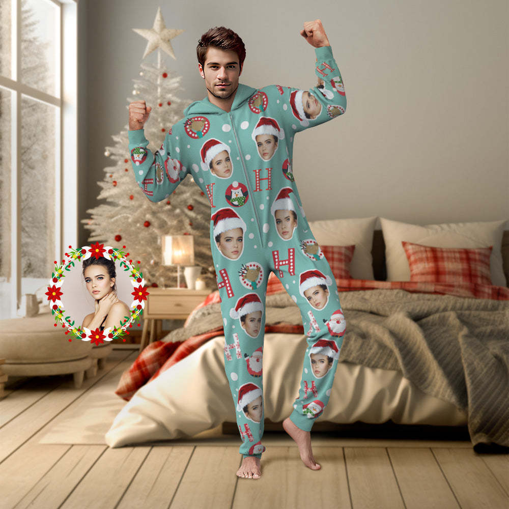 Custom Face Onesies Pajamas HO HO Christmas One-Piece Sleepwear Christmas Gift - MyFaceBoxer