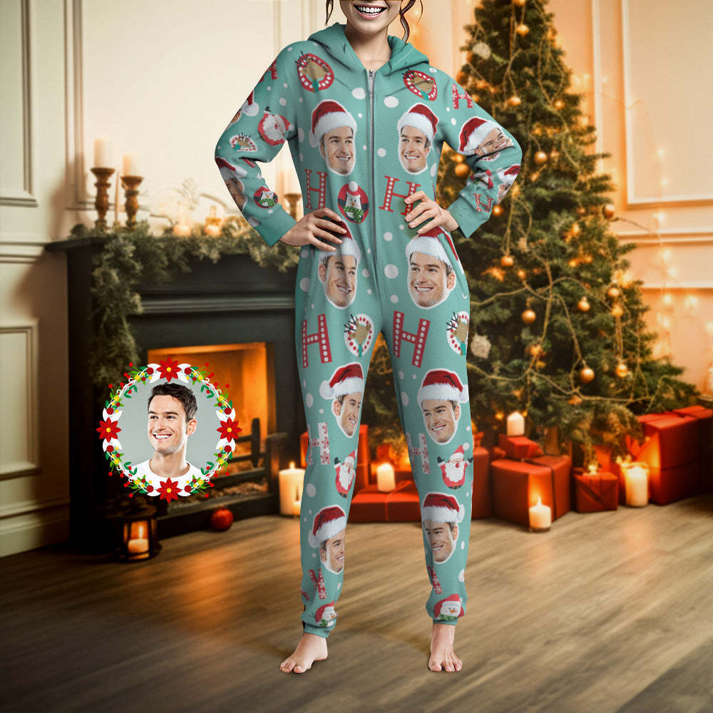 Custom Face Onesies Pajamas HO HO Christmas One-Piece Sleepwear Christmas Gift - MyFaceBoxer