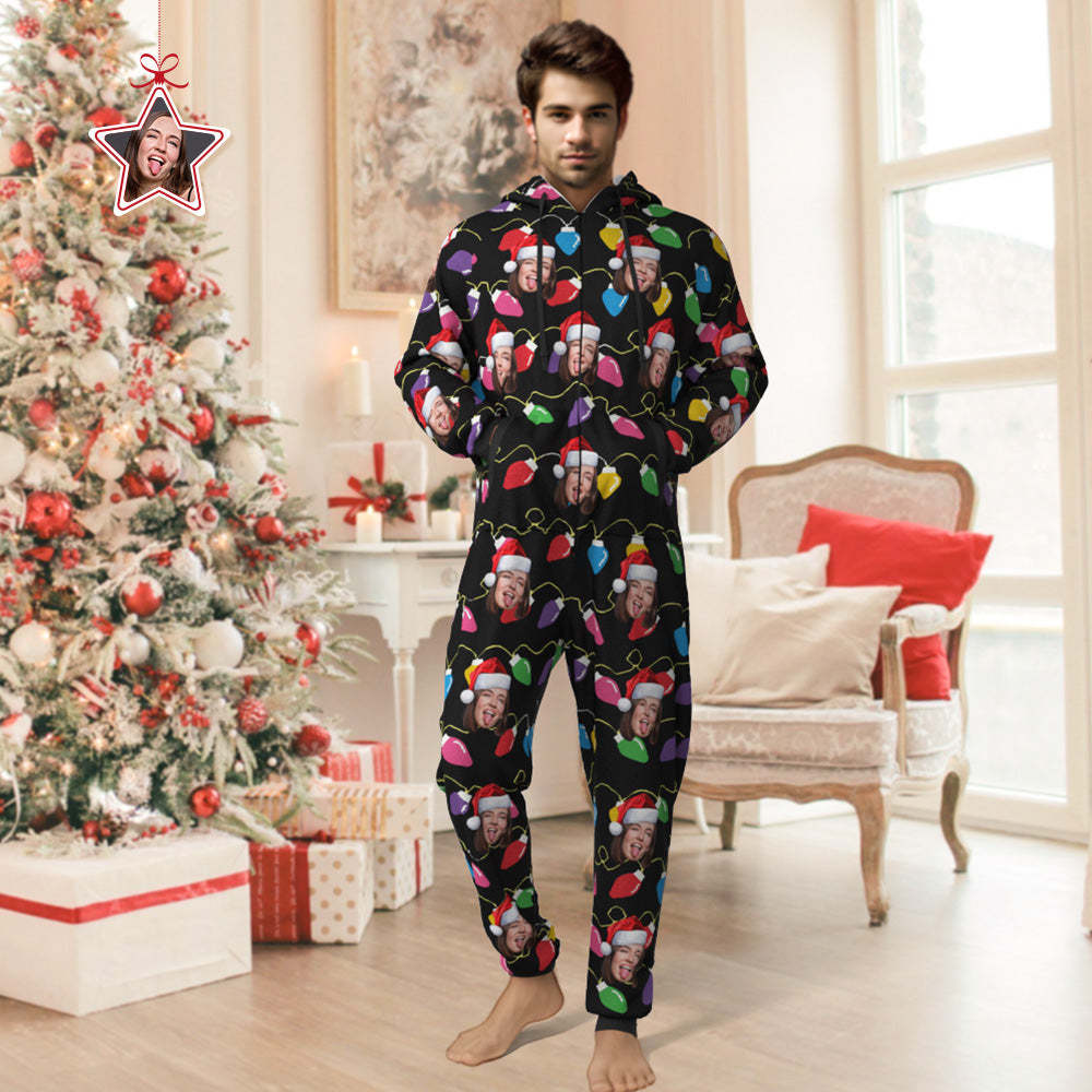 Custom Face Christmas Lights Printed Flannel Fleece Onesie Pajamas Personalized Face Jumpsuit Homewear Christmas Gift - MyFaceBoxer