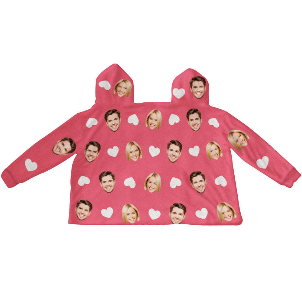 Custom Couple's Face Love Heart Jumpsuit Pajamas One-Piece Loungewear Blanket Funny Valentine's Day Gift - MyFaceBoxer