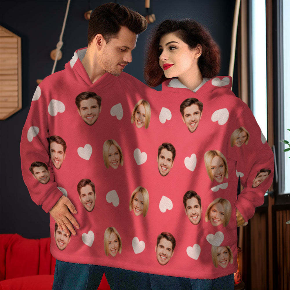 Custom Couple's Face Love Heart Jumpsuit Pajamas One-Piece Loungewear Blanket Funny Valentine's Day Gift - MyFaceBoxer