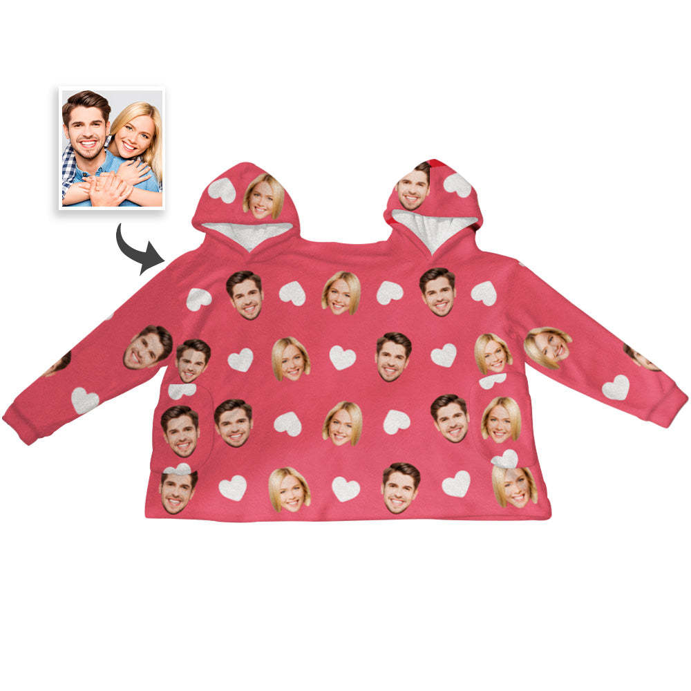 Custom Couple's Face Love Heart Jumpsuit Pajamas One-Piece Loungewear Blanket Funny Valentine's Day Gift - MyFaceBoxer