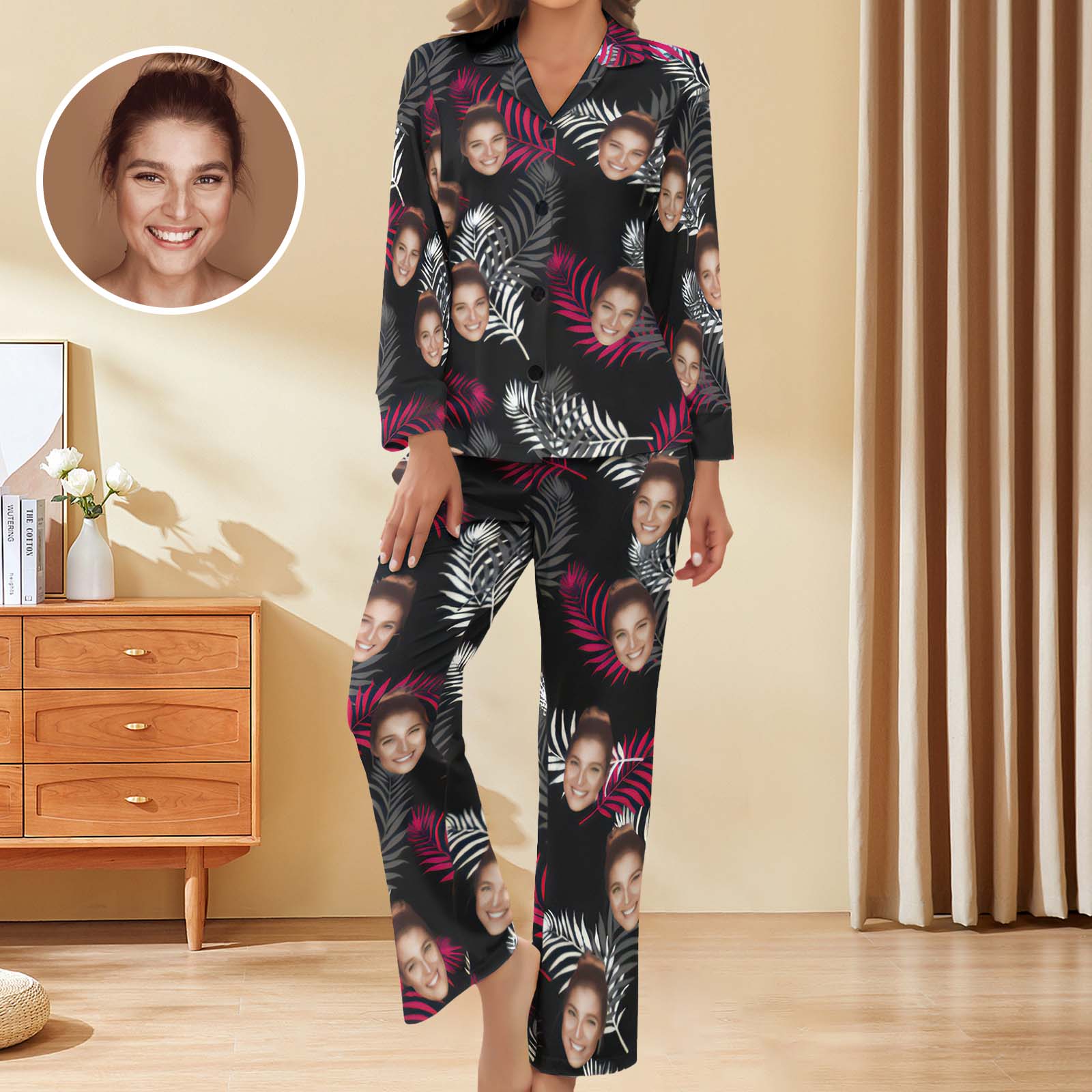Custom Face Women Pajamas Personalized Photo Long Sleeve Satin Pajama Set - MyFaceBoxer