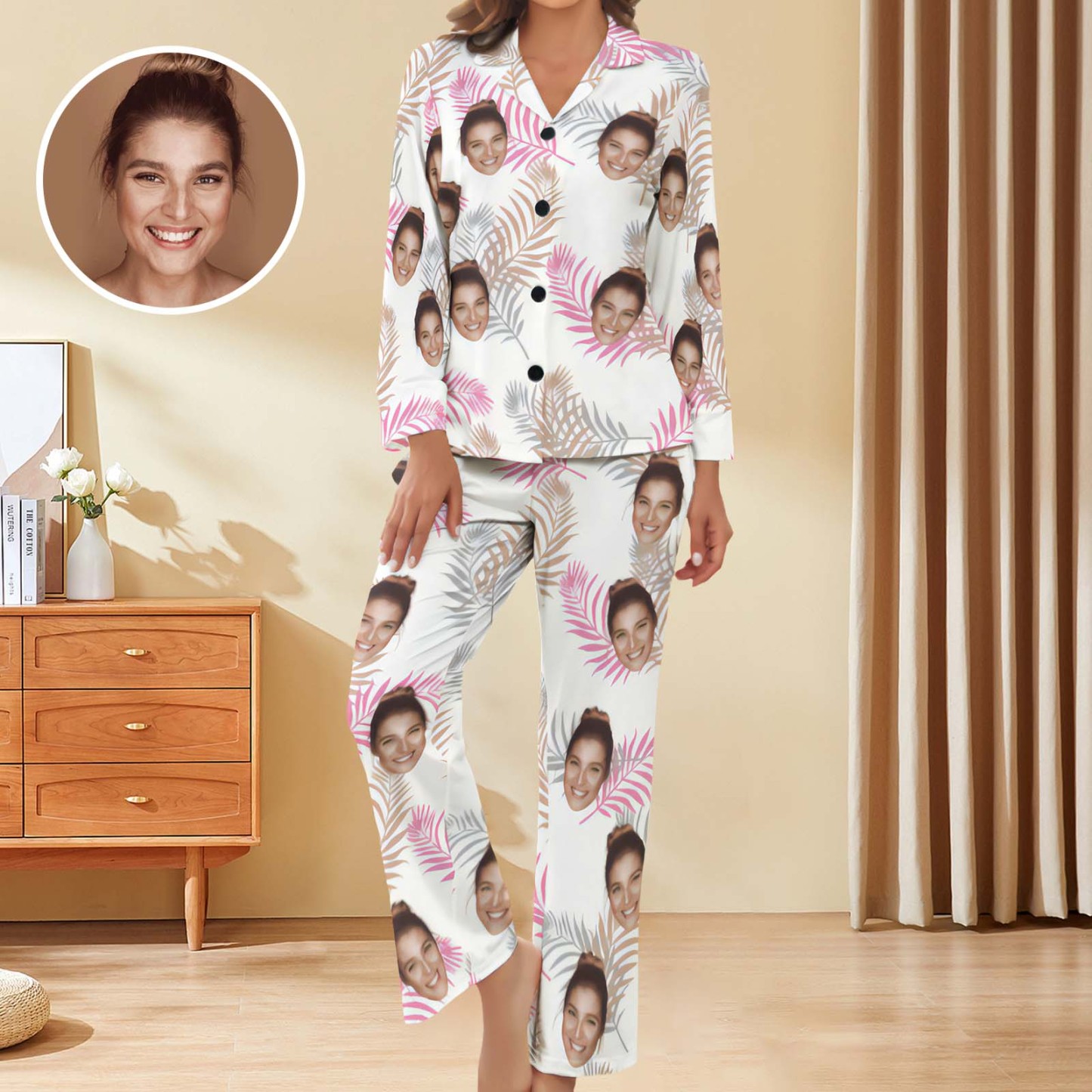 Custom Face Women Pajamas Personalized Photo Long Sleeve Satin Pajama Set - MyFaceBoxer
