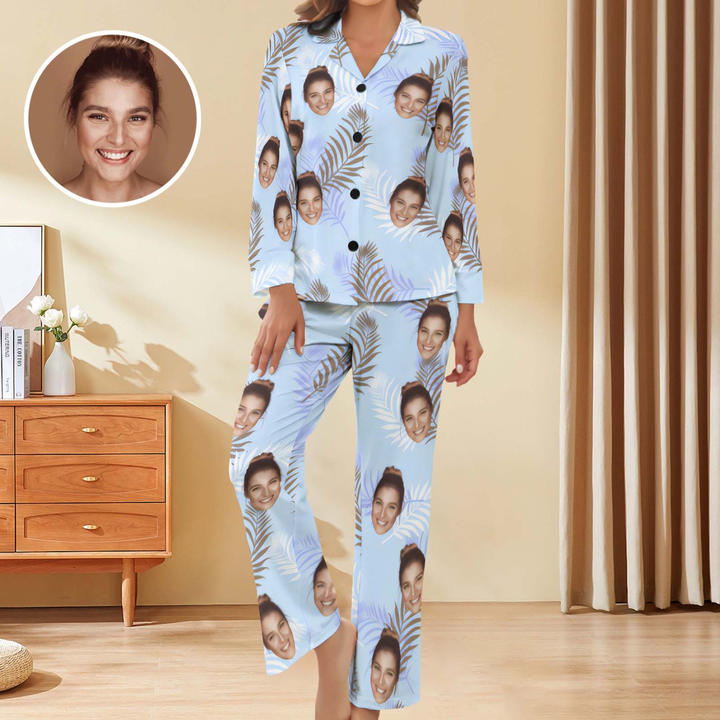 Custom Face Women Pajamas Personalized Photo Long Sleeve Satin Pajama Set - MyFaceBoxer