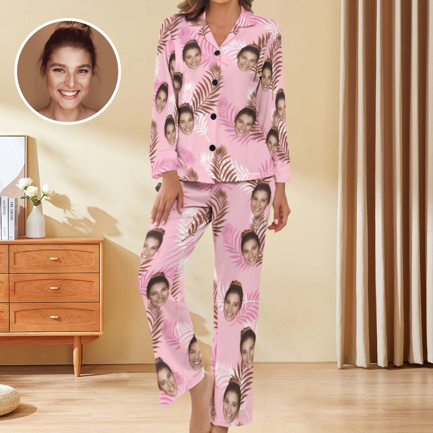 Custom Face Women Pajamas Personalized Photo Long Sleeve Satin Pajama Set - MyFaceBoxer