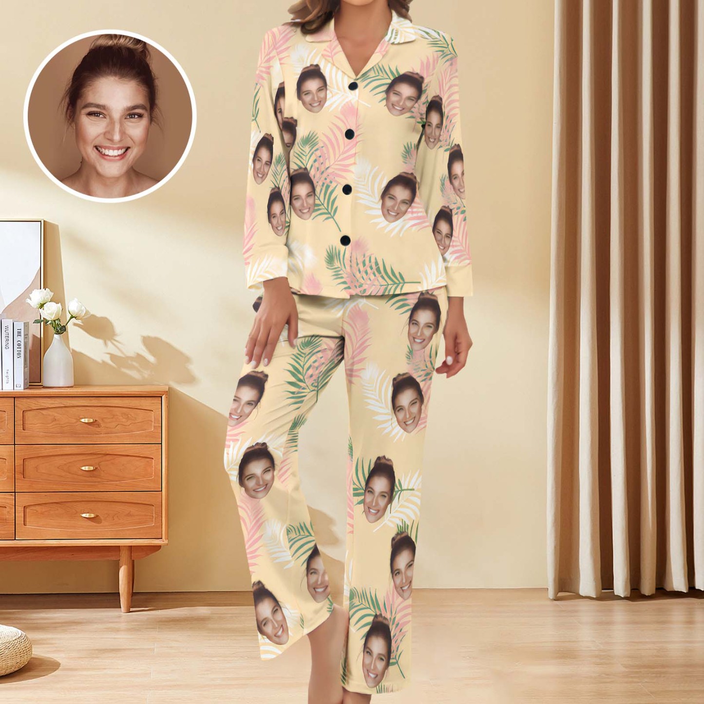Custom Face Women Pajamas Personalized Photo Long Sleeve Satin Pajama Set - MyFaceBoxer