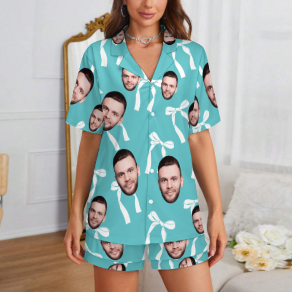 Custom Face Short Sleeve Pajamas Custom Bow Couple Gift Photo Pajamas Suit