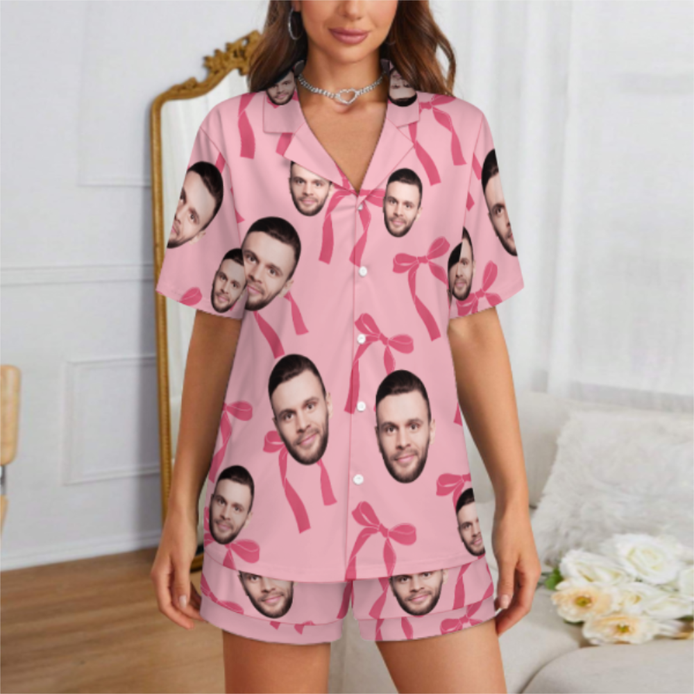 Custom Face Short Sleeve Pajamas Custom Bow Couple Gift Photo Pajamas Suit