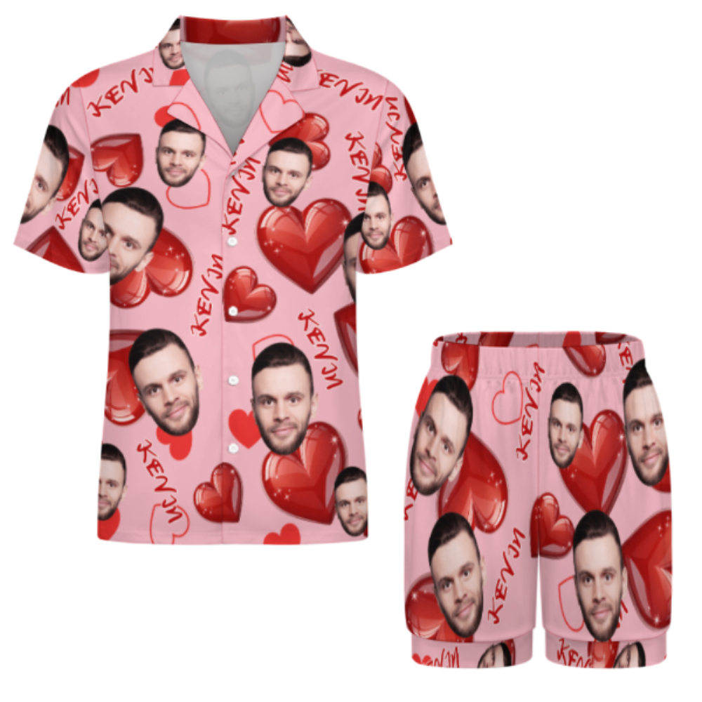 Custom Short Sleeve Pajama Bright Pink Base with 3D Red Hearts and Lips Prints Valentine's Day Gift for Her