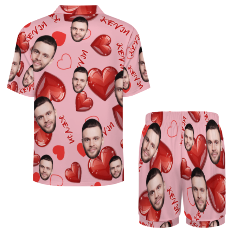 Custom Short Sleeve Pajama Bright Pink Base with 3D Red Hearts and Lips Prints Valentine's Day Gift for Her