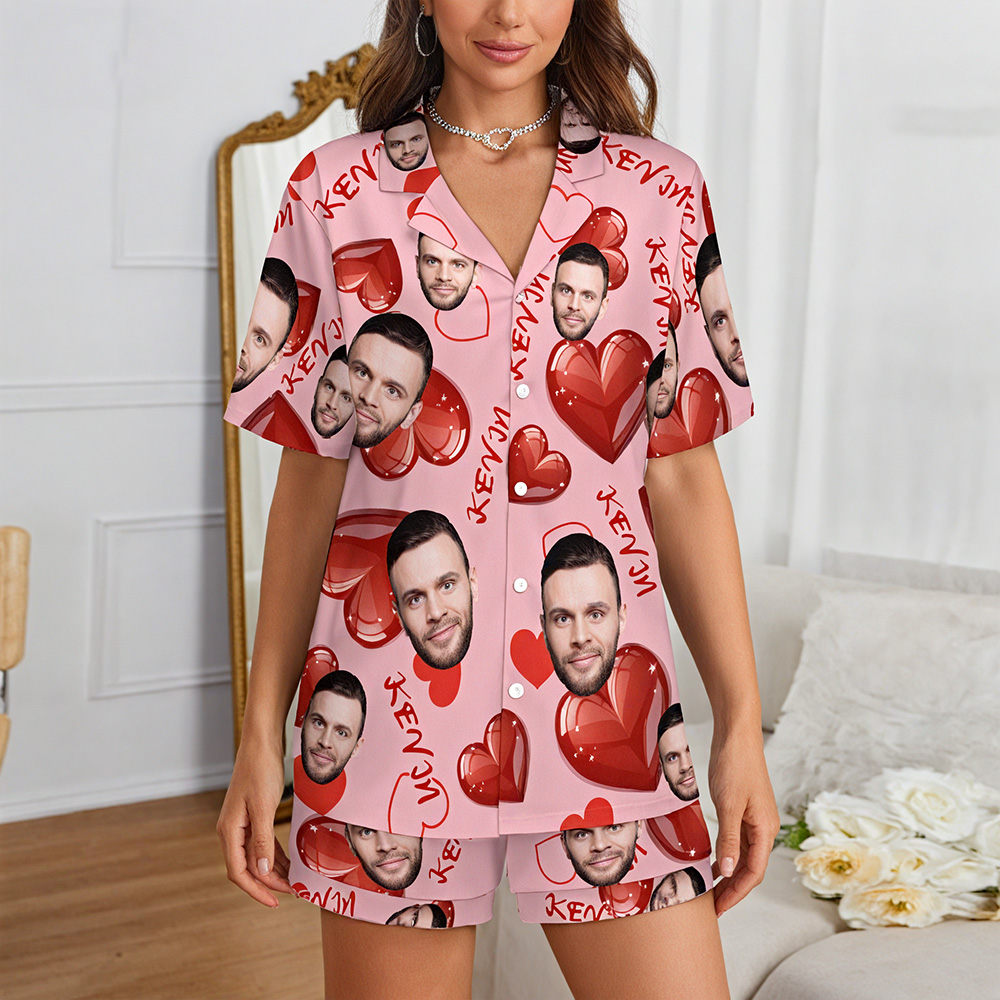 Custom Short Sleeve Pajama Bright Pink Base with 3D Red Hearts and Lips Prints Valentine's Day Gift for Her