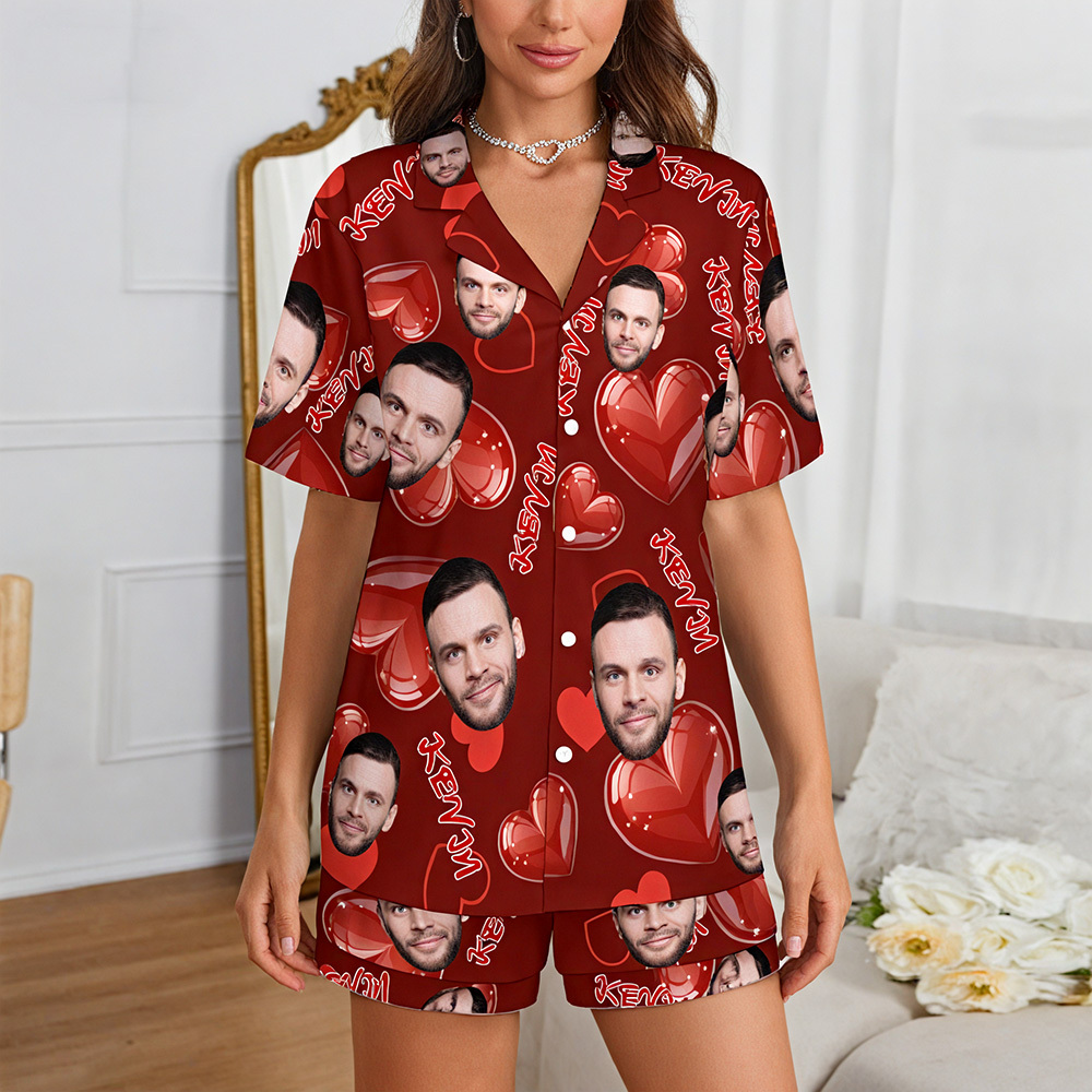 Custom Short Sleeve Pajama Bright Pink Base with 3D Red Hearts and Lips Prints Valentine's Day Gift for Her