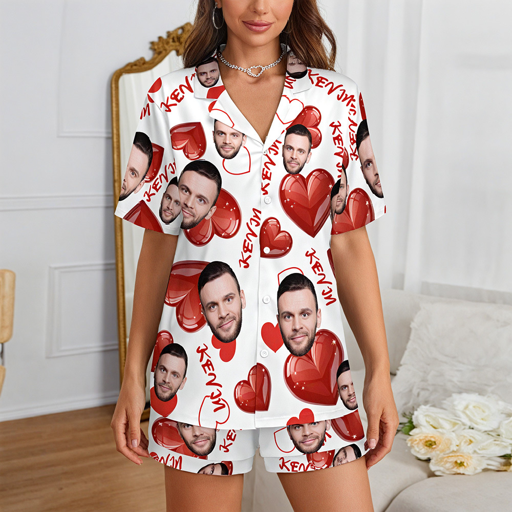 Custom Short Sleeve Pajama Bright Pink Base with 3D Red Hearts and Lips Prints Valentine's Day Gift for Her