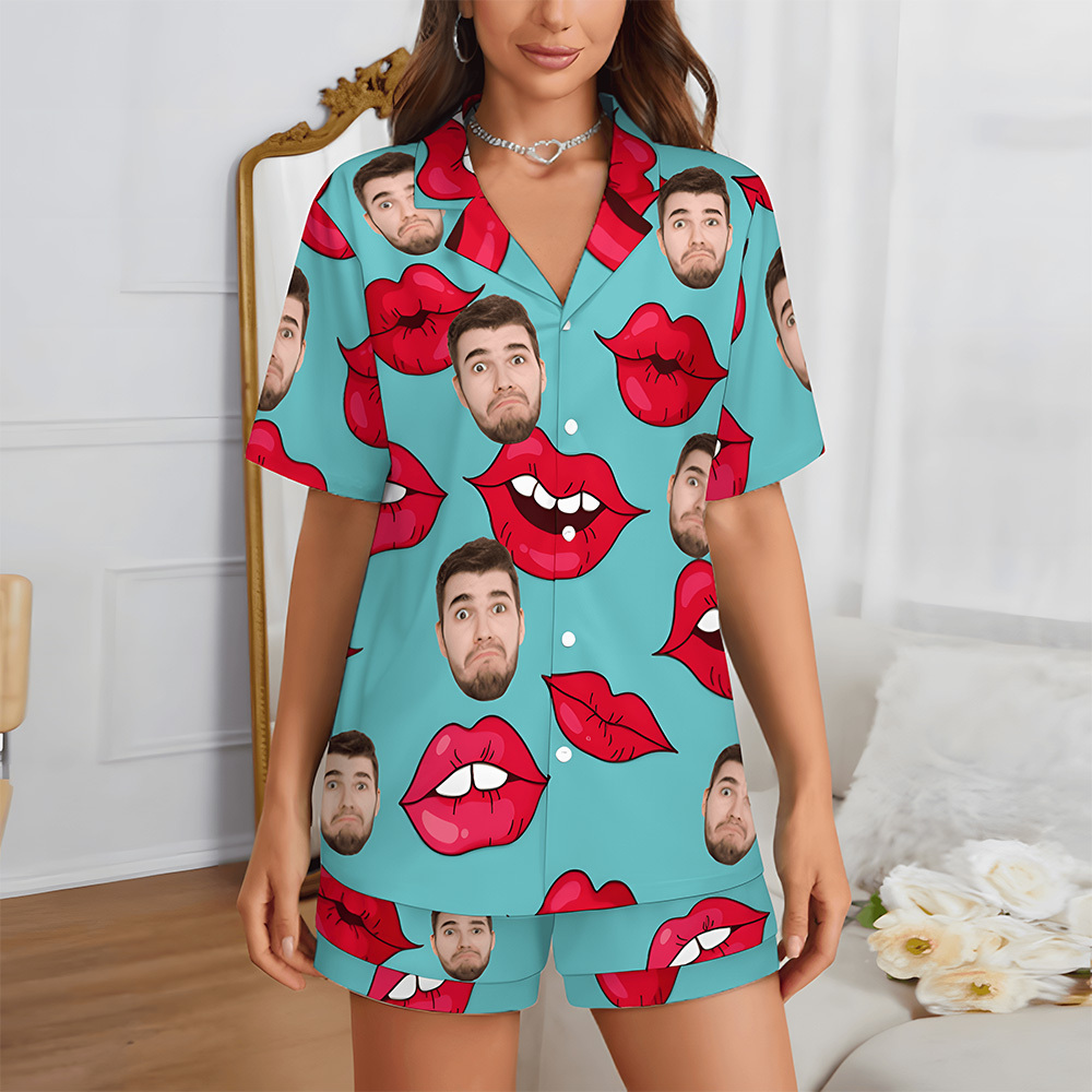 Custom Short Sleeve Pajama Bright Pink Base with 3D Red Hearts and Lips Prints Valentine's Day Gift for Her