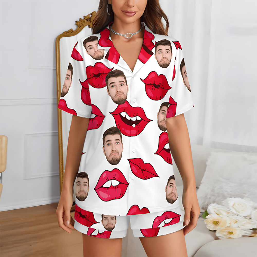 Custom Short Sleeve Pajama Bright Pink Base with 3D Red Hearts and Lips Prints Valentine's Day Gift for Her