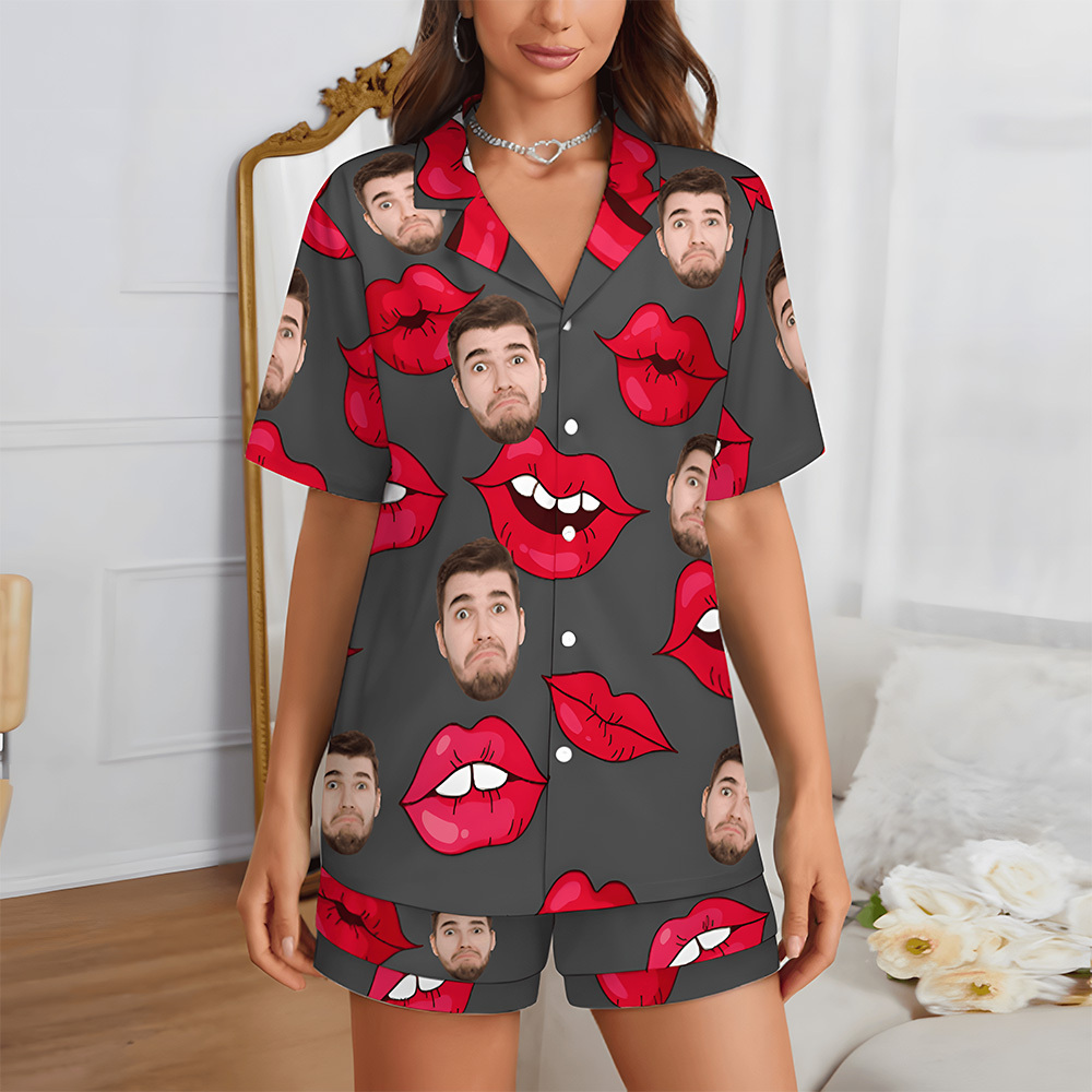 Custom Short Sleeve Pajama Bright Pink Base with 3D Red Hearts and Lips Prints Valentine's Day Gift for Her