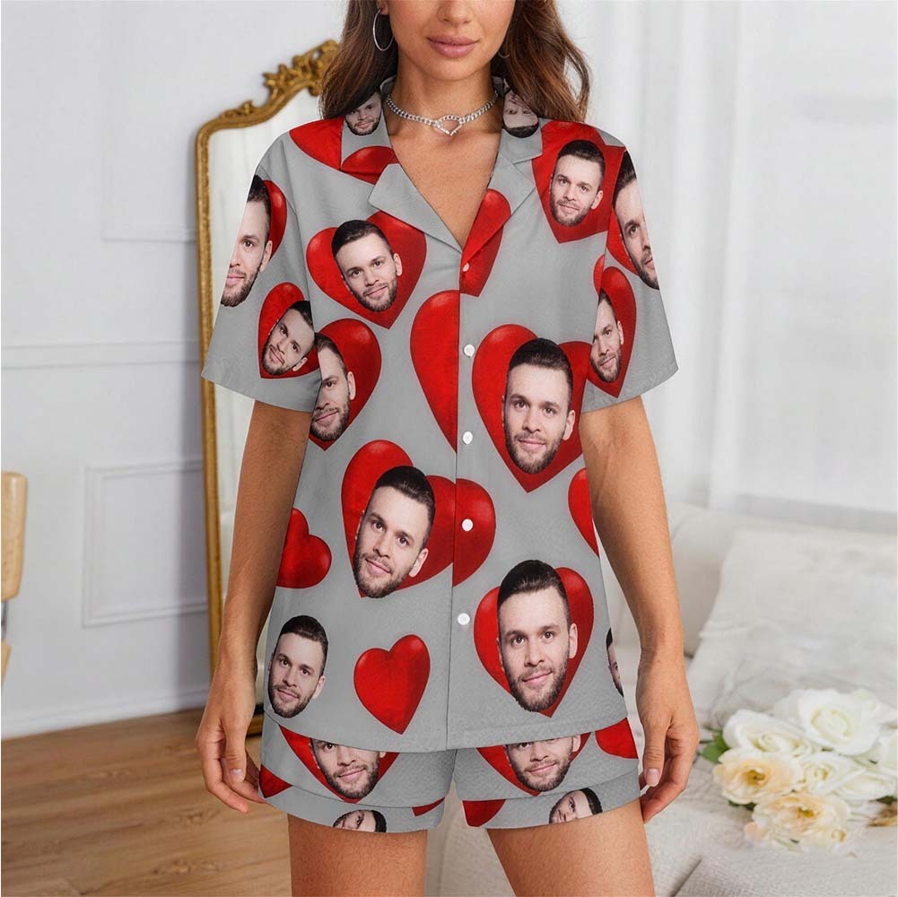 Custom Pajamas with Embedded Photo Hearts Adjustable Waistband Valentine's Day Gift