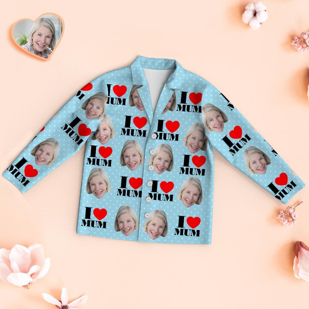 Custom Face Pajamas I Love Mum Personalized Photo Blue Pajamas Set Mother's Day Gifts - MyFaceBoxer