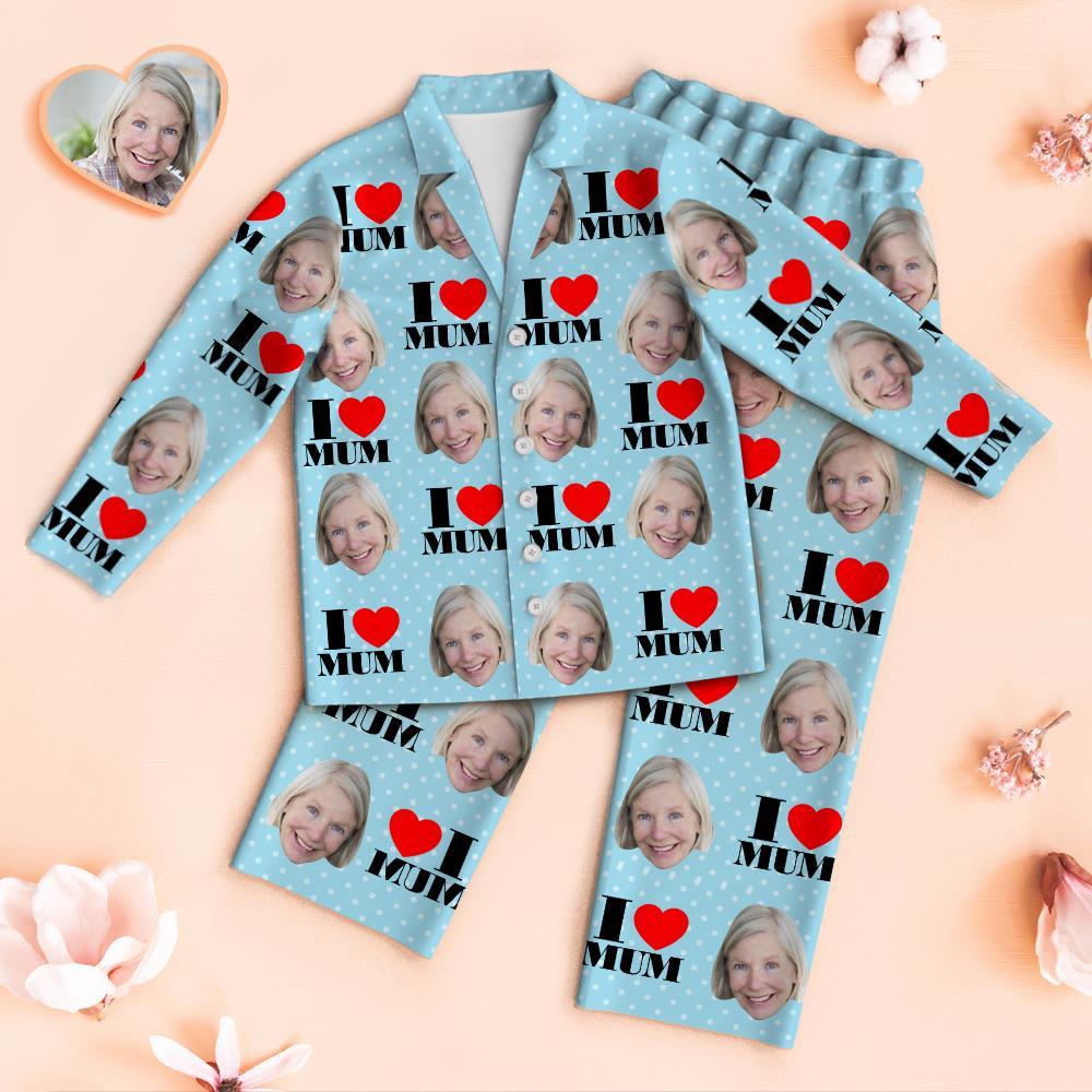 Custom Face Pajamas I Love Mum Personalized Photo Blue Pajamas Set Mother's Day Gifts - MyFaceBoxer