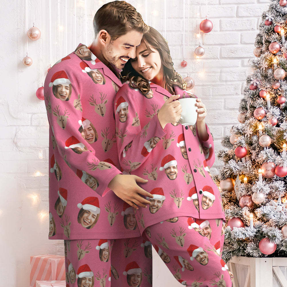Custom Face Deer Pajamas Personalized Pink Pajamas Women Men Set Christmas Gift - MyFaceBoxer
