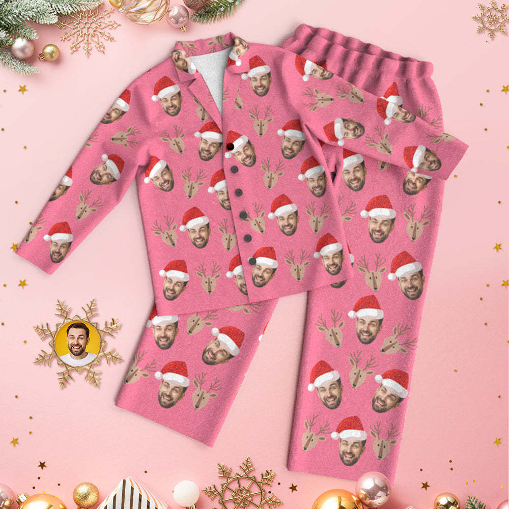 Custom Face Deer Pajamas Personalized Pink Pajamas Women Men Set Christmas Gift - MyFaceBoxer