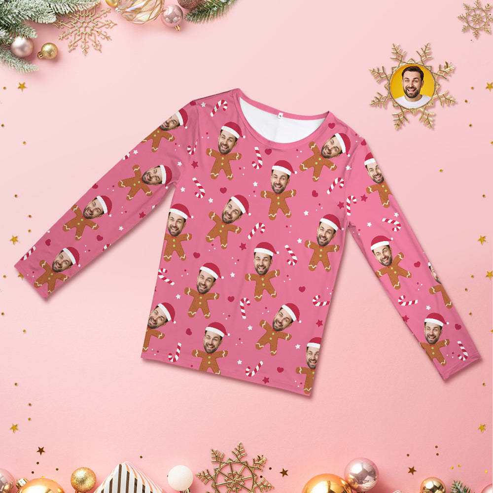 Custom Face Pink Pajamas Personalized Round Neck Gingerbread Christmas Pajamas For Women And Men - MyFaceBoxer