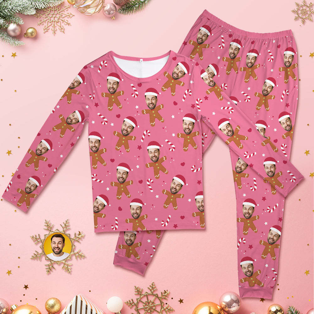 Custom Face Pink Pajamas Personalized Round Neck Gingerbread Christmas Pajamas For Women And Men - MyFaceBoxer