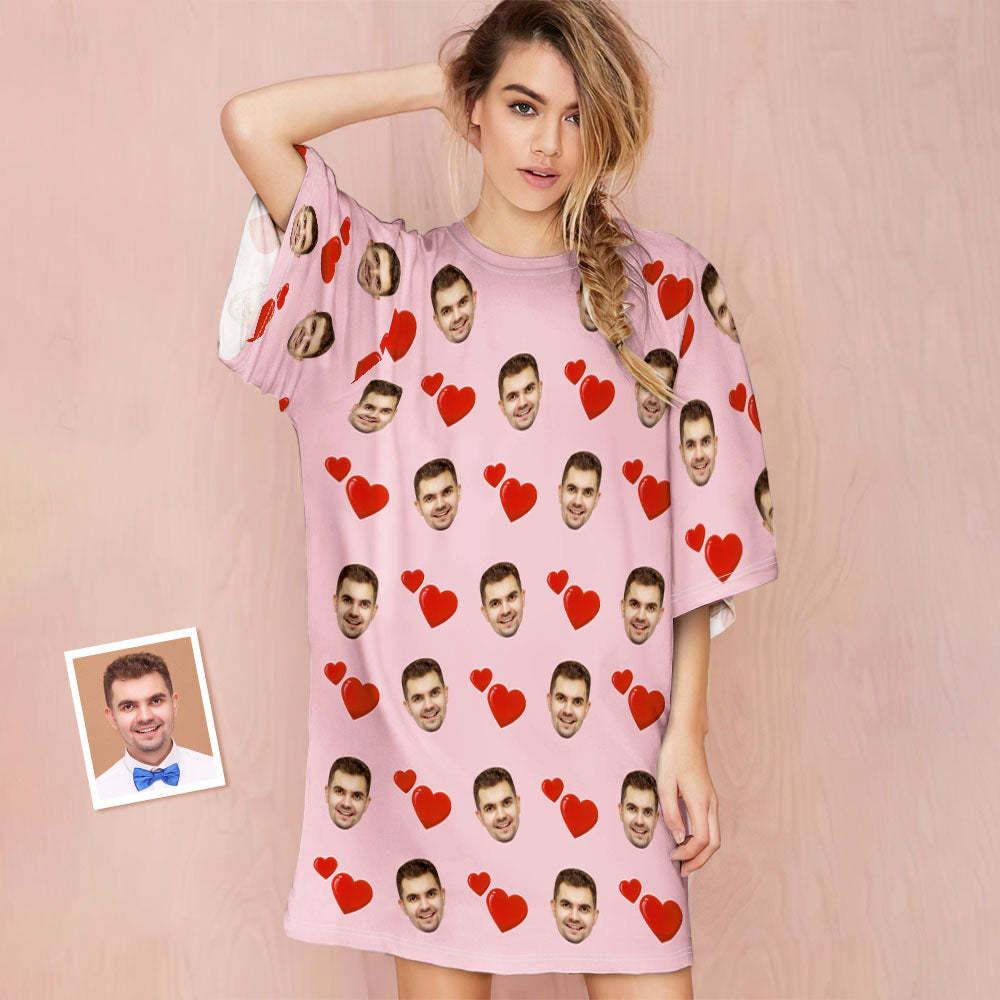 Custom Photo Face Nightdress Personalized Women's Oversized Nightshirt Heart Design Gifts - MyFaceBoxer
