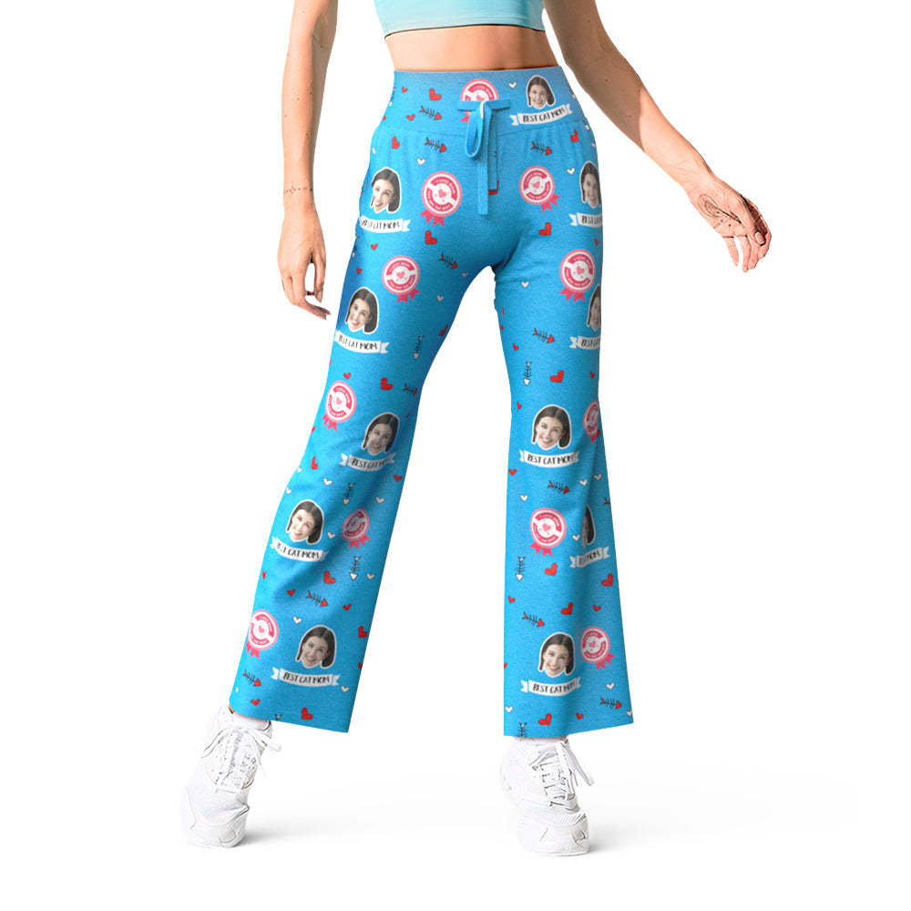 Custom Face Pants Blue Best Cat Mum Fish Bones Yoga Slacks Mother's Day Gift - MyFaceBoxer