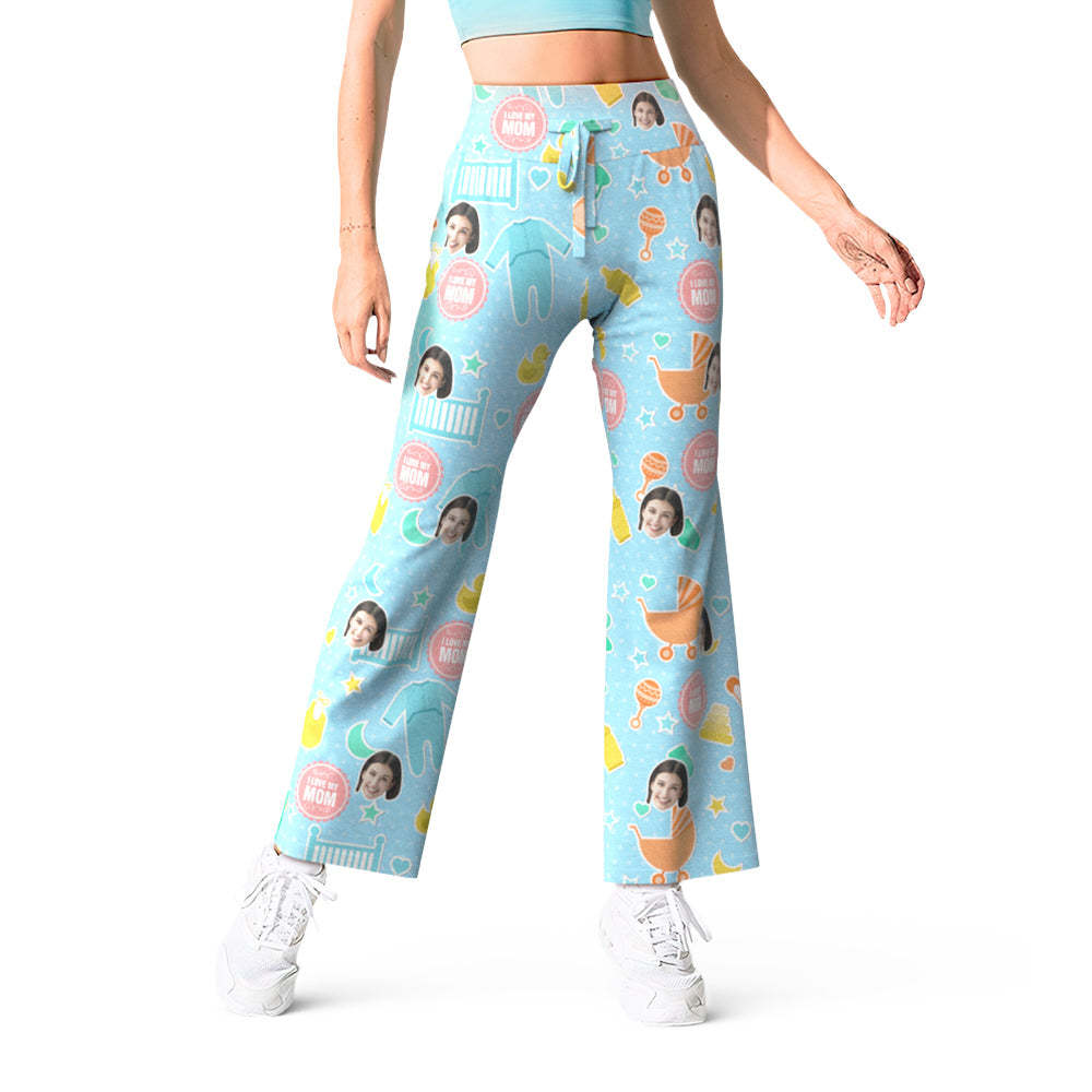 Custom Face Pants Light Blue Love Mom Yoga Slacks Mother's Day Gift - MyFaceBoxer
