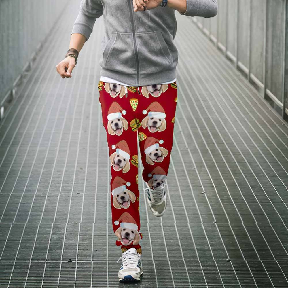 Custom Face Christmas Sweatpants Unisex Joggers with Pizza and Burger - MyFaceBoxer