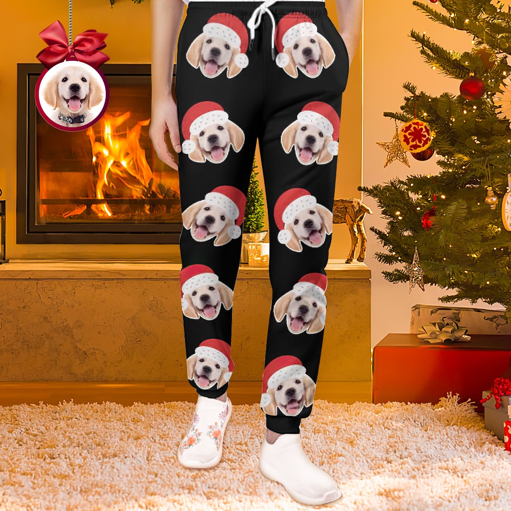 Custom Face Sweatpants Unisex Joggers with Christmas Hat Christmas Gift - MyFaceBoxer