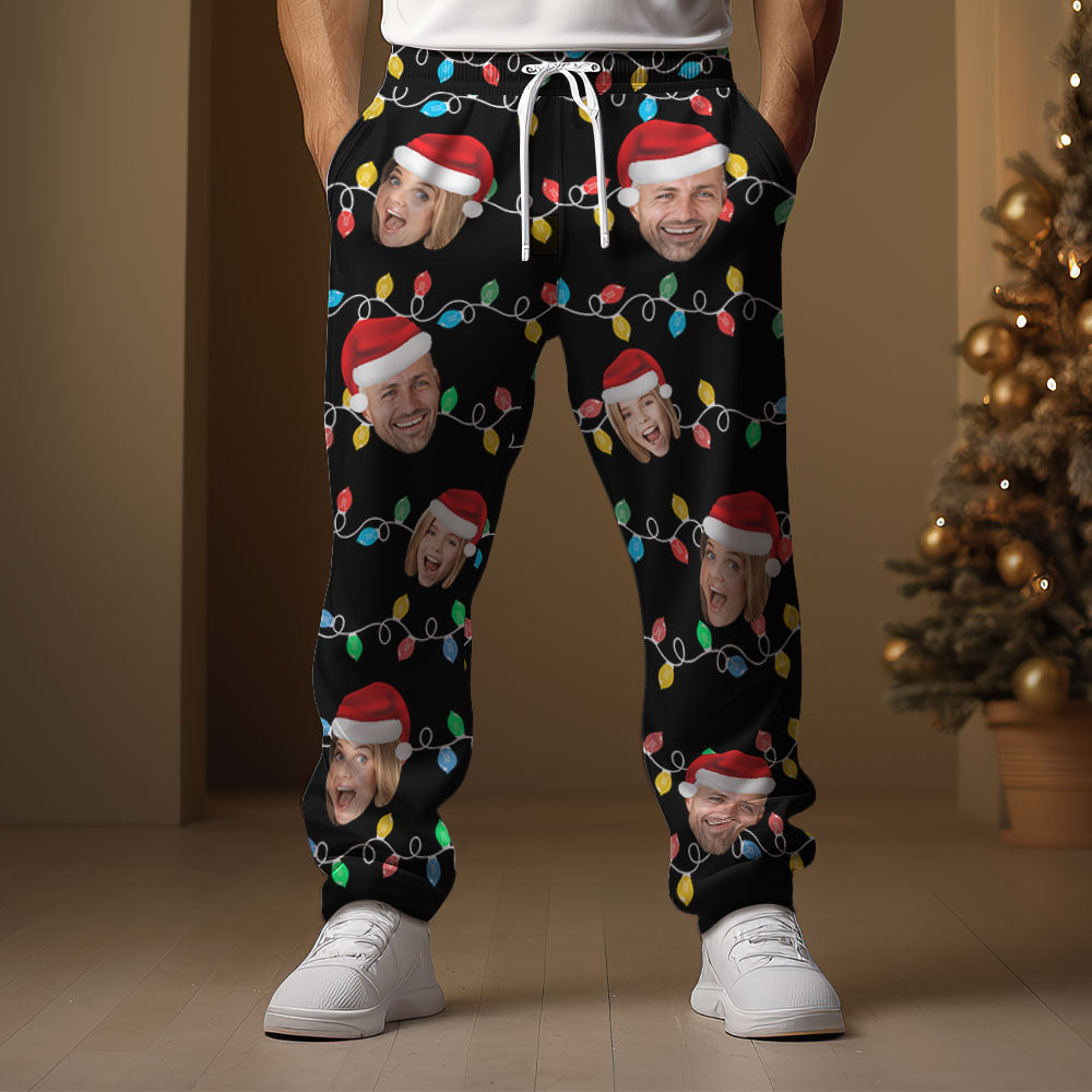 Custom Face Sweatpants Personalized Photo Christmas Family Xmas Leds Golf Pants for Him - MyFaceBoxer