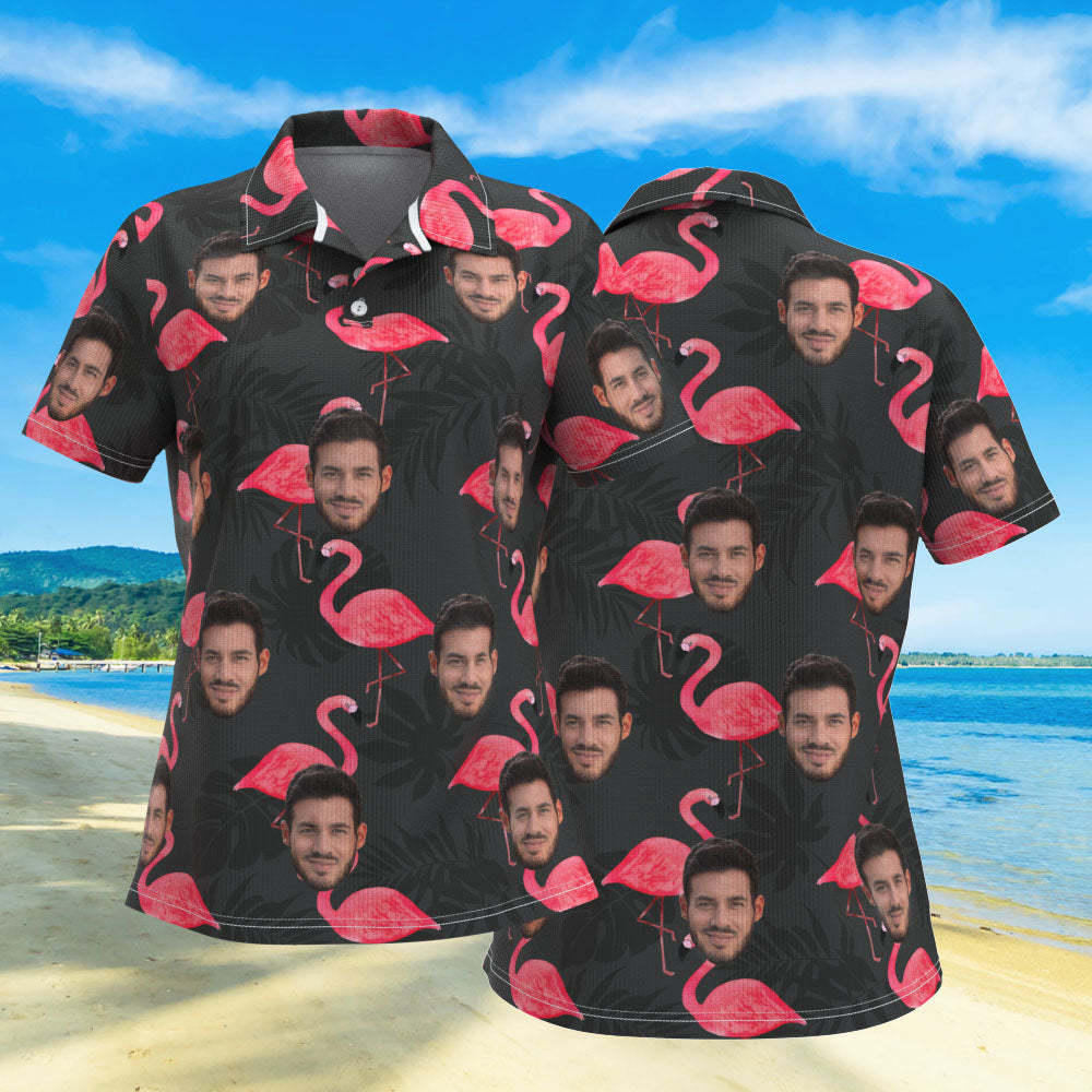 Custom Face Women Polo Shirts Personalized Flamingo and Monstera Leaves - MyFaceBoxer