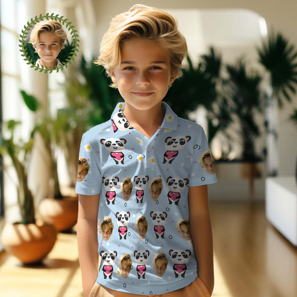 Custom Face Kids Polo Shirts Personalized Photo Shirt Cute Panda - MyFaceBoxer