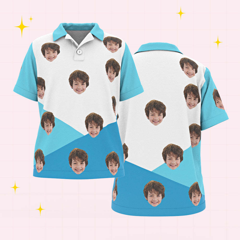 Custom Face Kids Polo Shirts Personalized Photo Shirt Blue and White Splicing - MyFaceBoxer