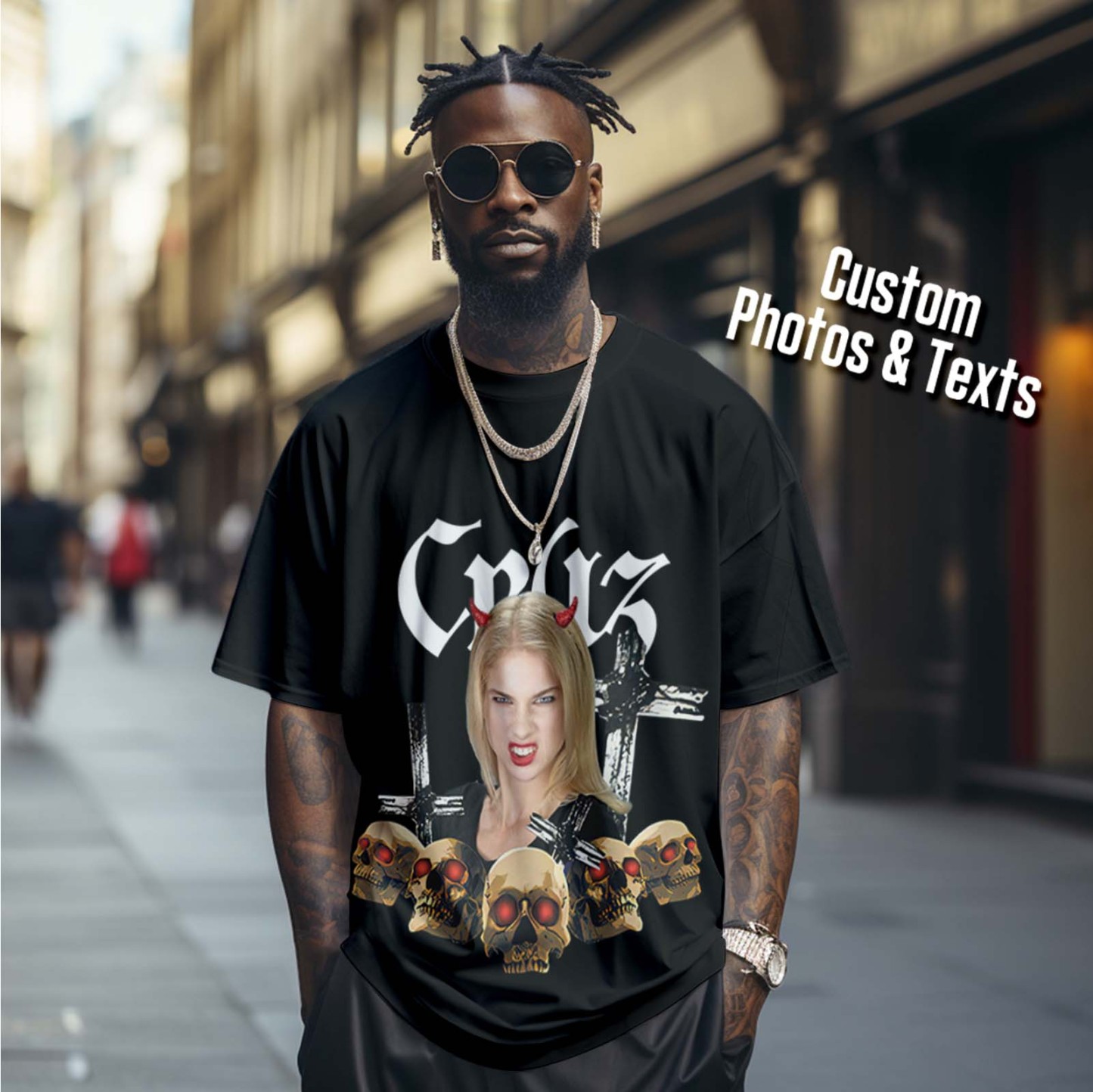 Custom Shirt Personalized Photo Vintage T-shirt Custom Portrait Skeleton Rap Tee with Name - MyFaceBoxer